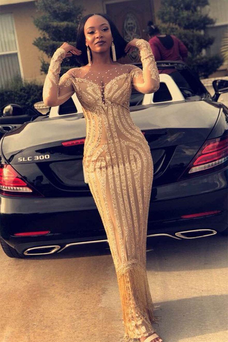 Round Mermaid Lace Sequined Beaded Floor-Length Long Sleeve Prom Dress