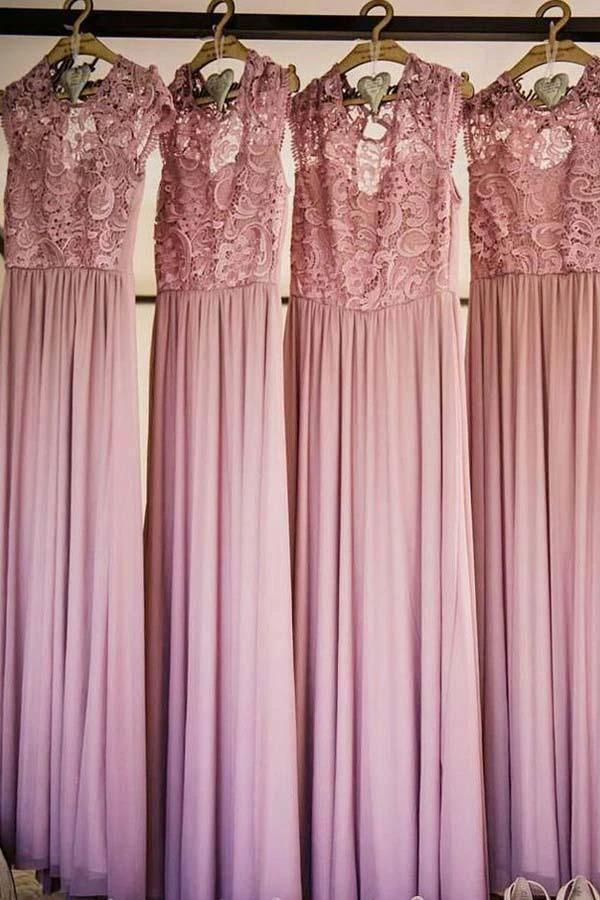 Round Neck Cap Sleeves  Chiffon Bridesmaid Dress with Lace (ZD13226)
