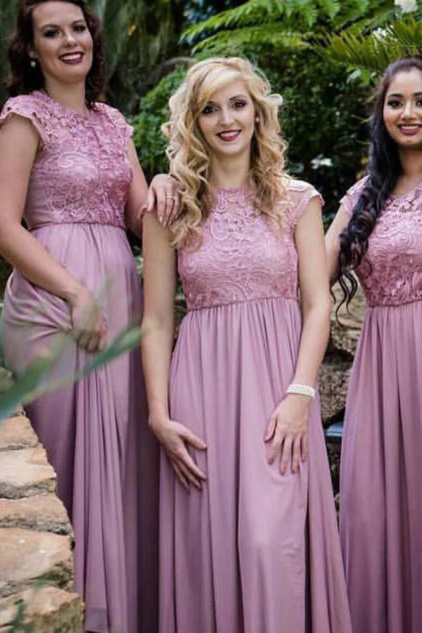 Round Neck Cap Sleeves  Chiffon Bridesmaid Dress with Lace (ZD13226)