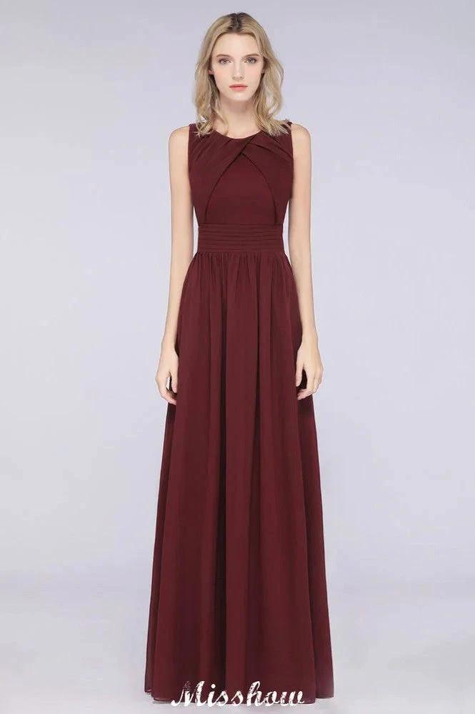 Round-Neck Floor-Length Ruffles Chiffon Bridesmaid Dress Aline Sleeveless Maid of Honor Dress by misshow.com