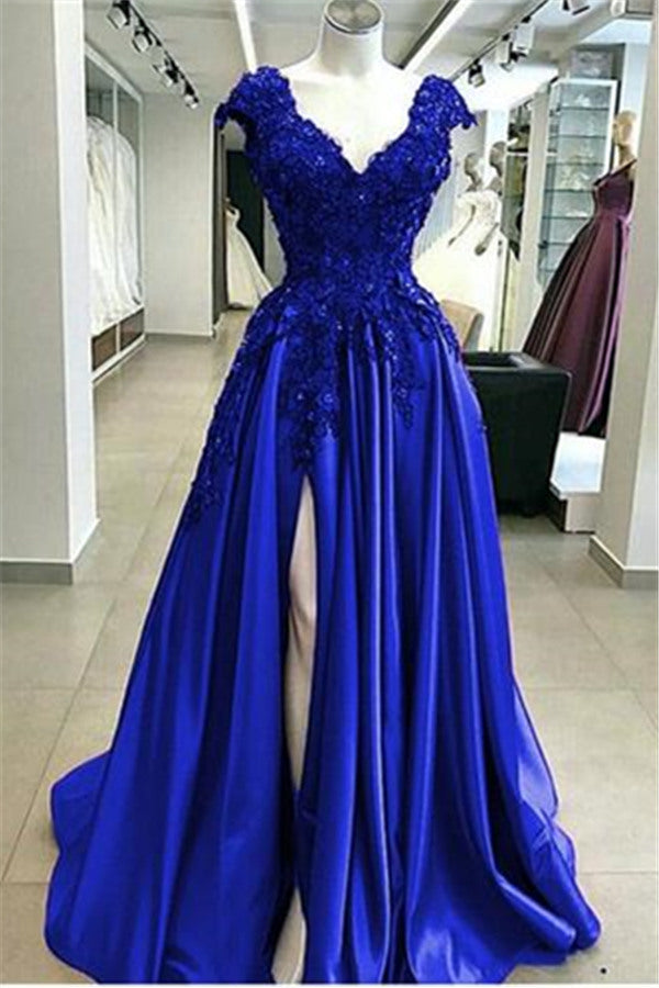 Royal Blue Cap sleeves V-Neck High split A-Line Evening Dresses