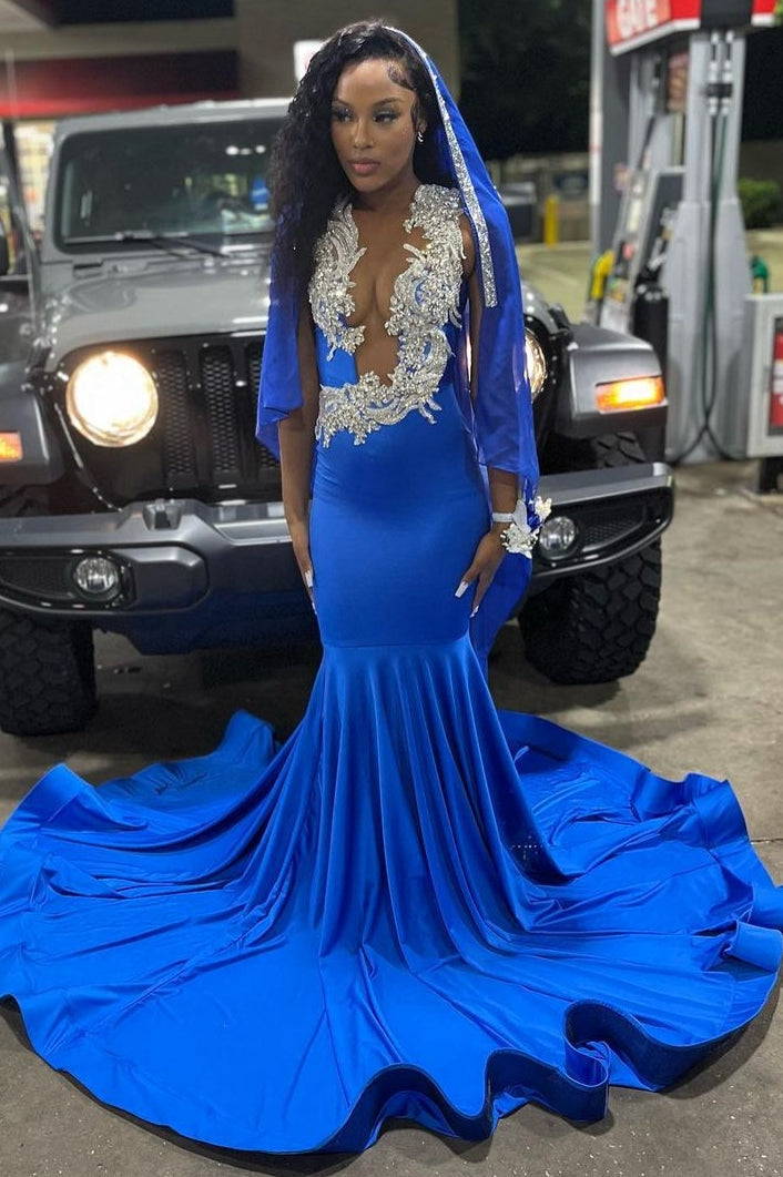 Royal Blue Deep V-Neck Mermaid Court Train Long Prom Dresses