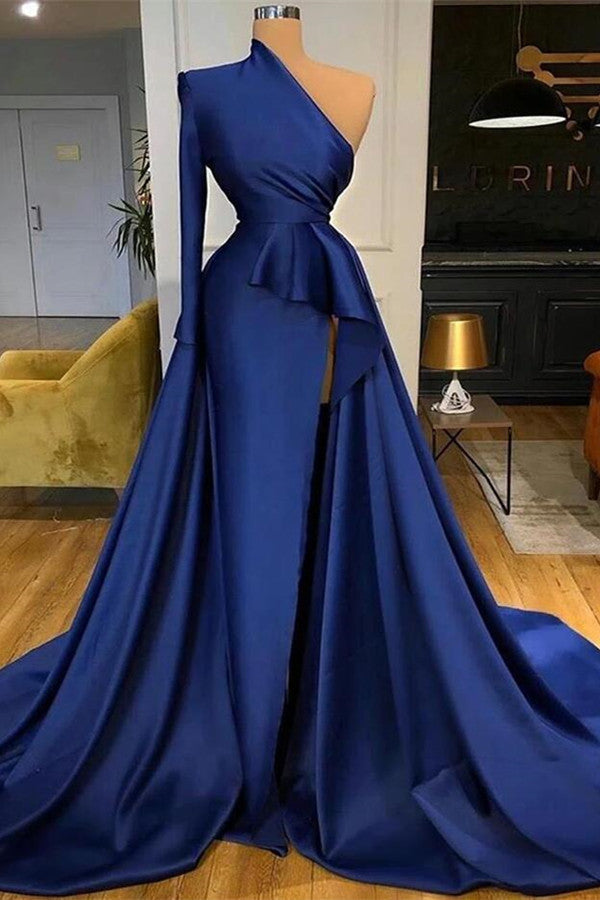Royal Blue One-Shoulder Long Sleeves Slit Prom Dress Overskirt