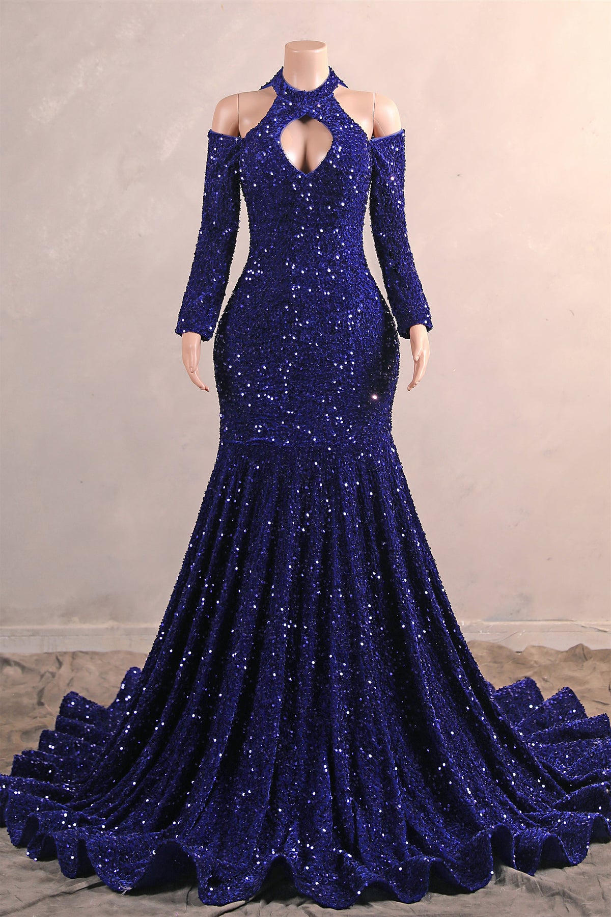 Royal Blue Sequin Mermaid High Neck Keyhole Prom Dresses