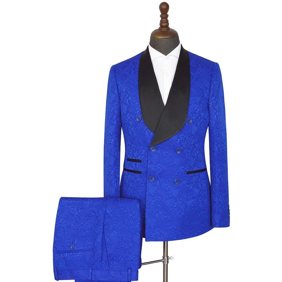Royal blue Shawl Lapel Slim-Fit Double Breasted Jacquard Wedding Suits