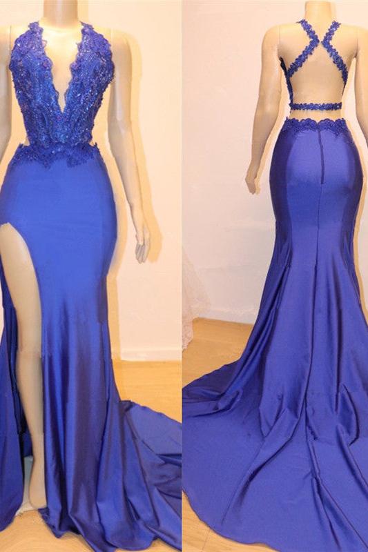 Royal Blue V-Neck Open back Side Slit Mermaid Beads Lace Prom Dresses