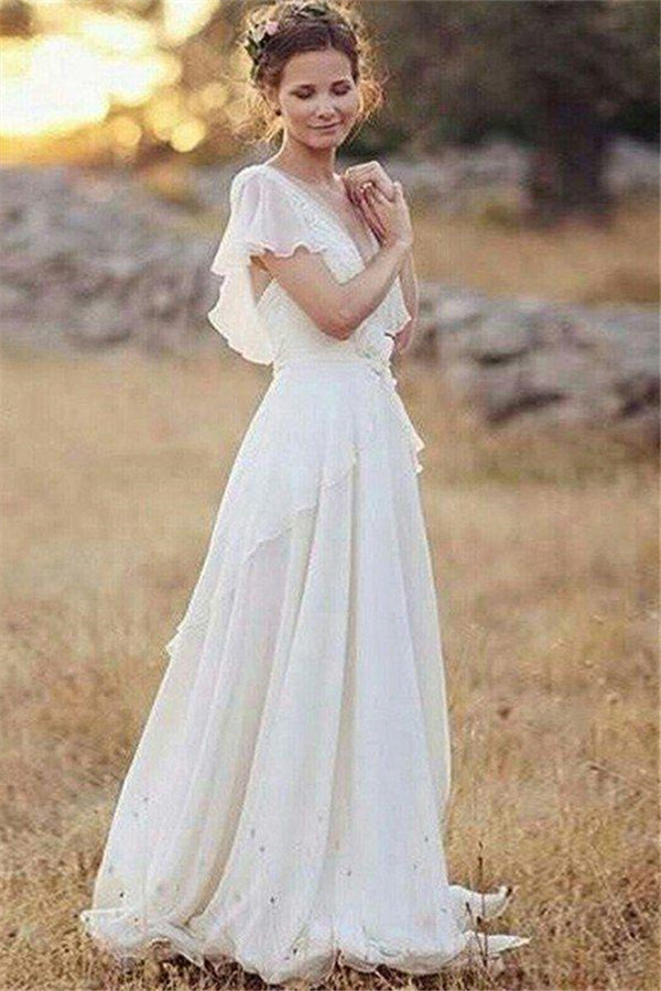 Ruched Floor-Length A-Line V-Neck Chiffon Short Sleeves Wedding Dresses