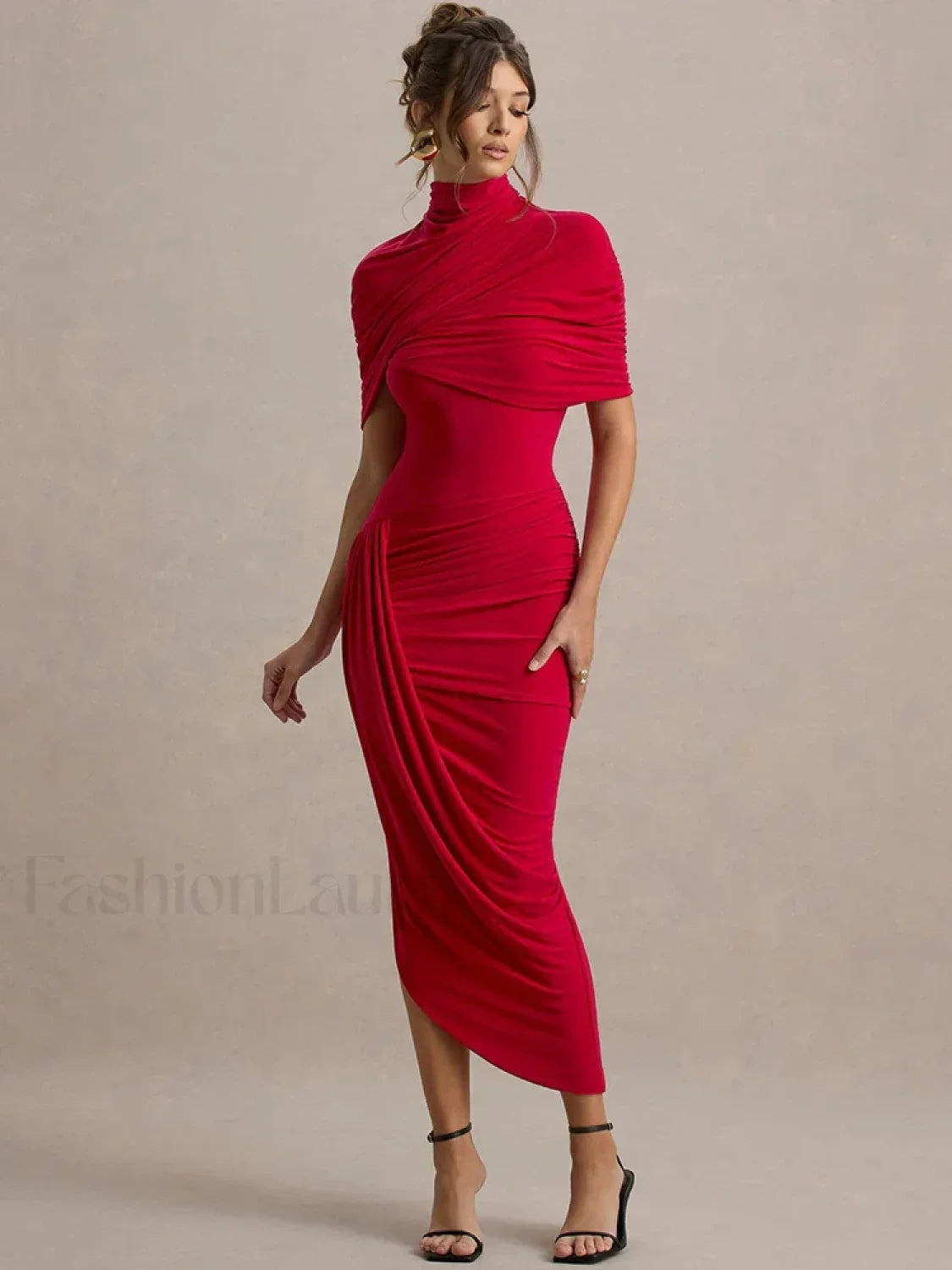 Ruched Turtleneck Midi Dress