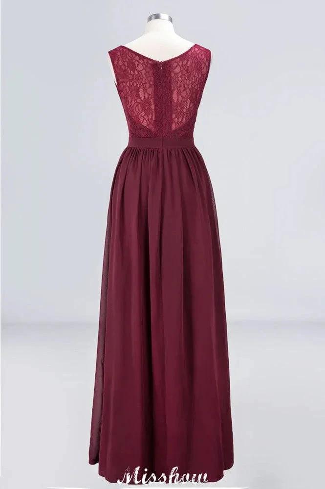 Ruffle A-Line Floor-Length Bridesmaid Dress Chiffon Lace V-Neck Evening Dress (ZD12908)