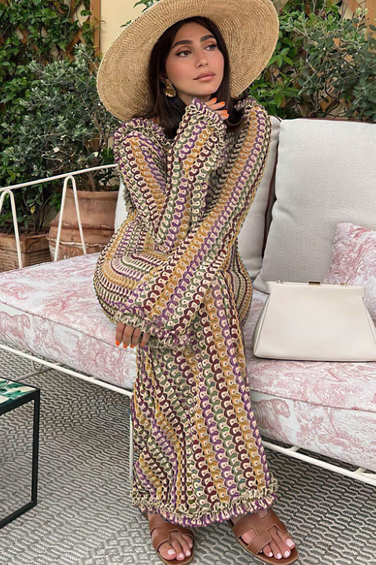 Backless Wavy Striped Crochet Maxi Dress for Beach Escapes - Fashionpara