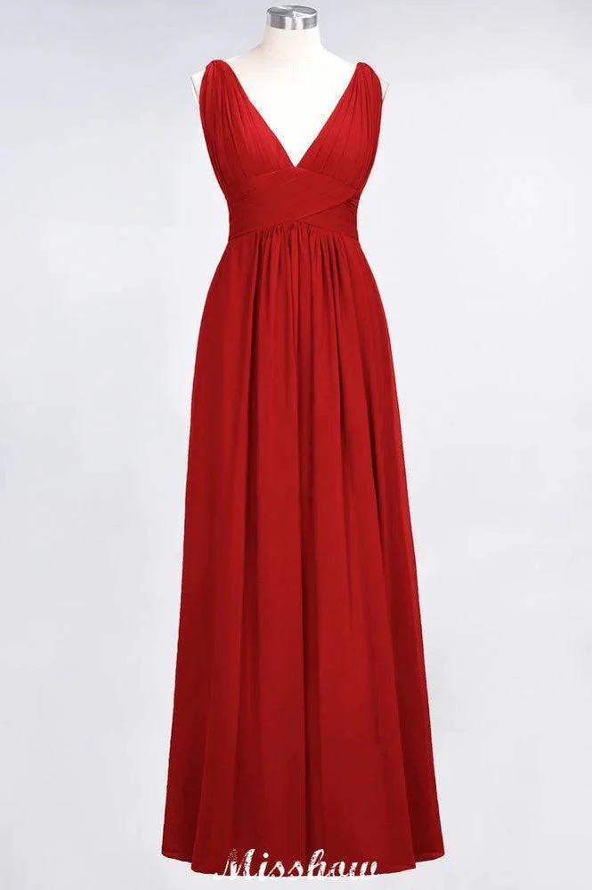 Ruffle Chiffon Sleeveless Evening Maxi Gown V-Neck Bridesmaid Dress by misshow.com
