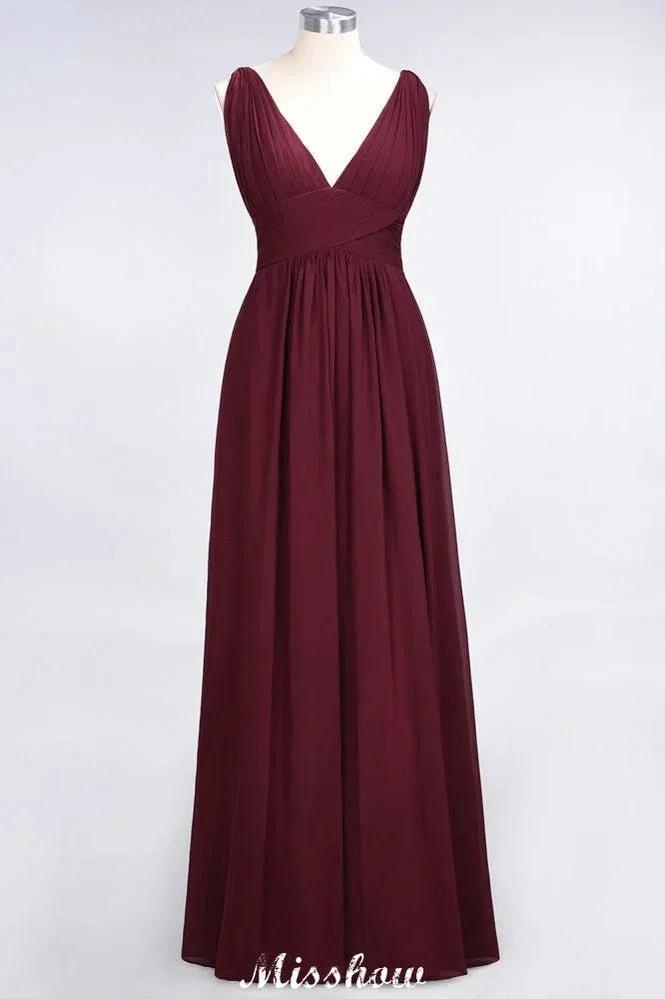 Ruffle Chiffon Sleeveless Evening Maxi Gown V-Neck Bridesmaid Dress (ZD12898)