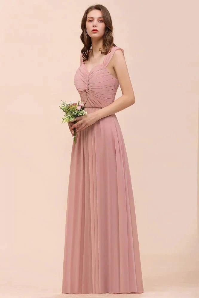 Ruffle Straps A-line Maxi Dusty Pink Bridesmaid Dress for Girls (ZD13001)