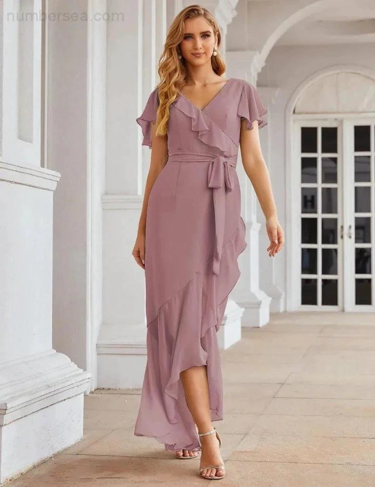Ruffled Bridesmaid Dresses Maxi Long Women Chiffon Mermaid Formal Violin Evening Party Prom Gowns (ZD17031)