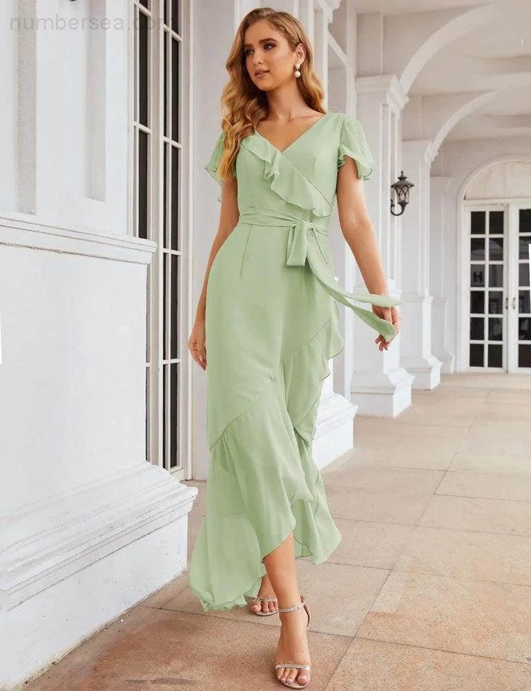 Ruffled Bridesmaid Dresses Maxi Long Women Chiffon Mermaid Formal Violin Evening Party Prom Gowns (ZD17031)