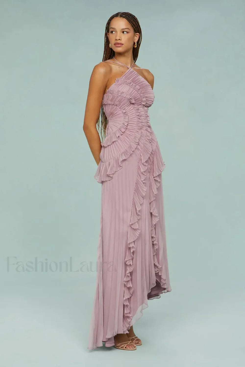 Ruffled Pleated Chiffon Maxi Dress