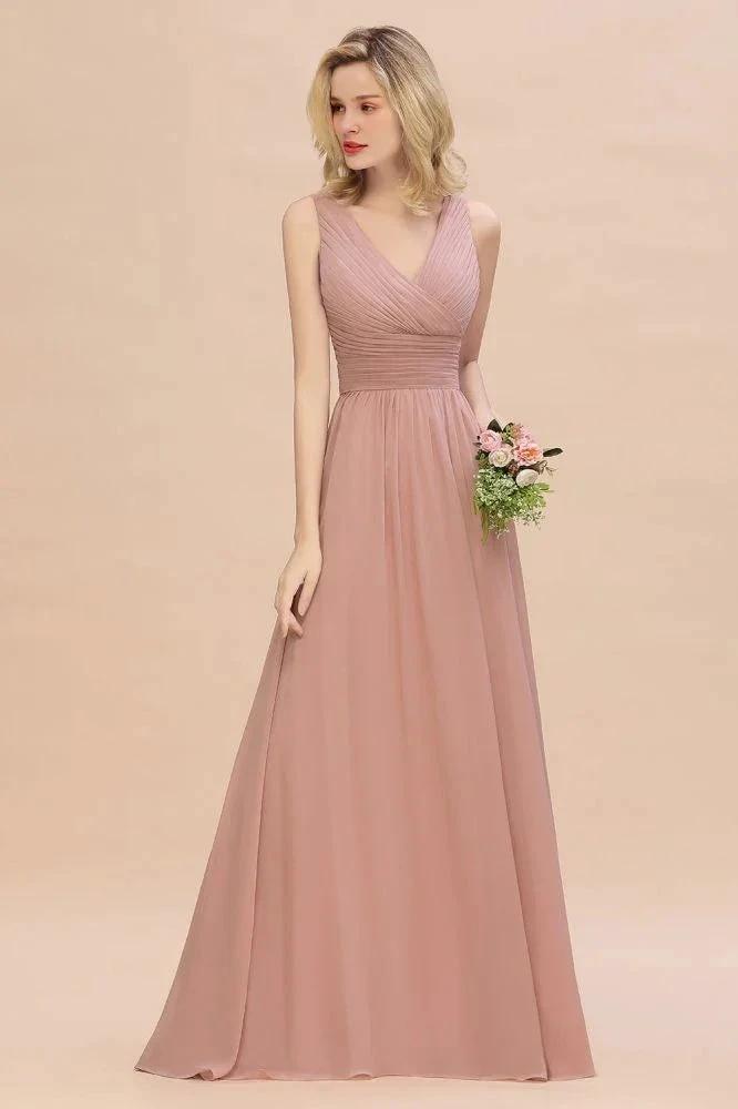 Ruffles V-Neck A-line Dusty Pink Bridesmaid Dresses | Sleeveless Floor-Length Evening Dresses (ZD13151)