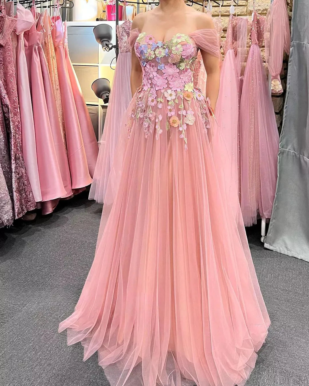 Fairy Pink Prom Dress Tulle Off The Shoulder 3D Flowers A-Line Ruched Party Growns Princess Floor Length Abendkleider