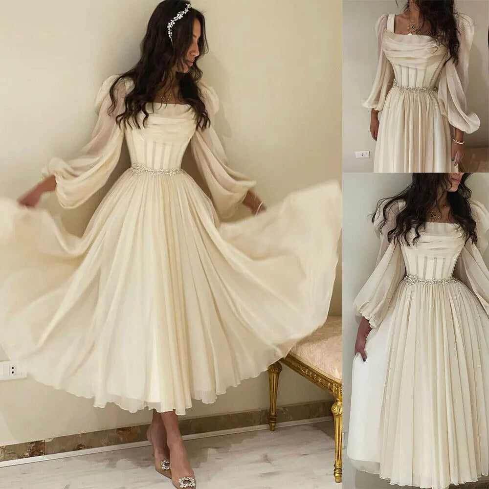 Ivory Long Sleeve Chiffon Short Prom Dresses Pleats Fitted Bones Beaded Formal Party Women Gowns Dubai Evening Dress