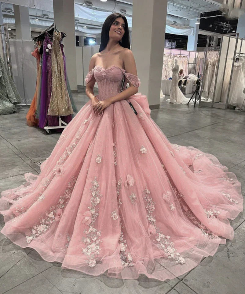 Pink Quinceanera Dress Ball Gown Applique 3D Flower Sweet 16 Party Prom Dress - VelvetHem