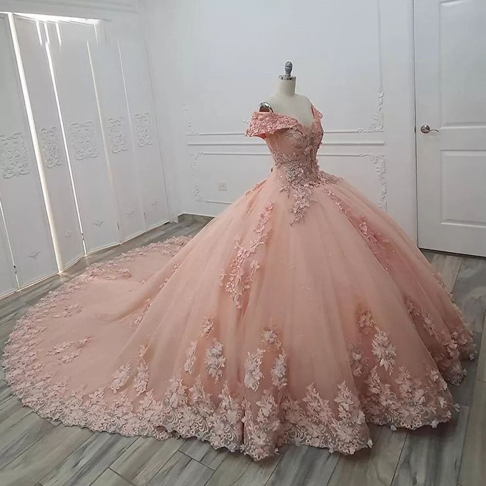 Pink Quinceanera Dress Sweet 16 Beaded Off-Shoulder 3D Floral Ball Gown Quinceanera Dresses - FashionDia