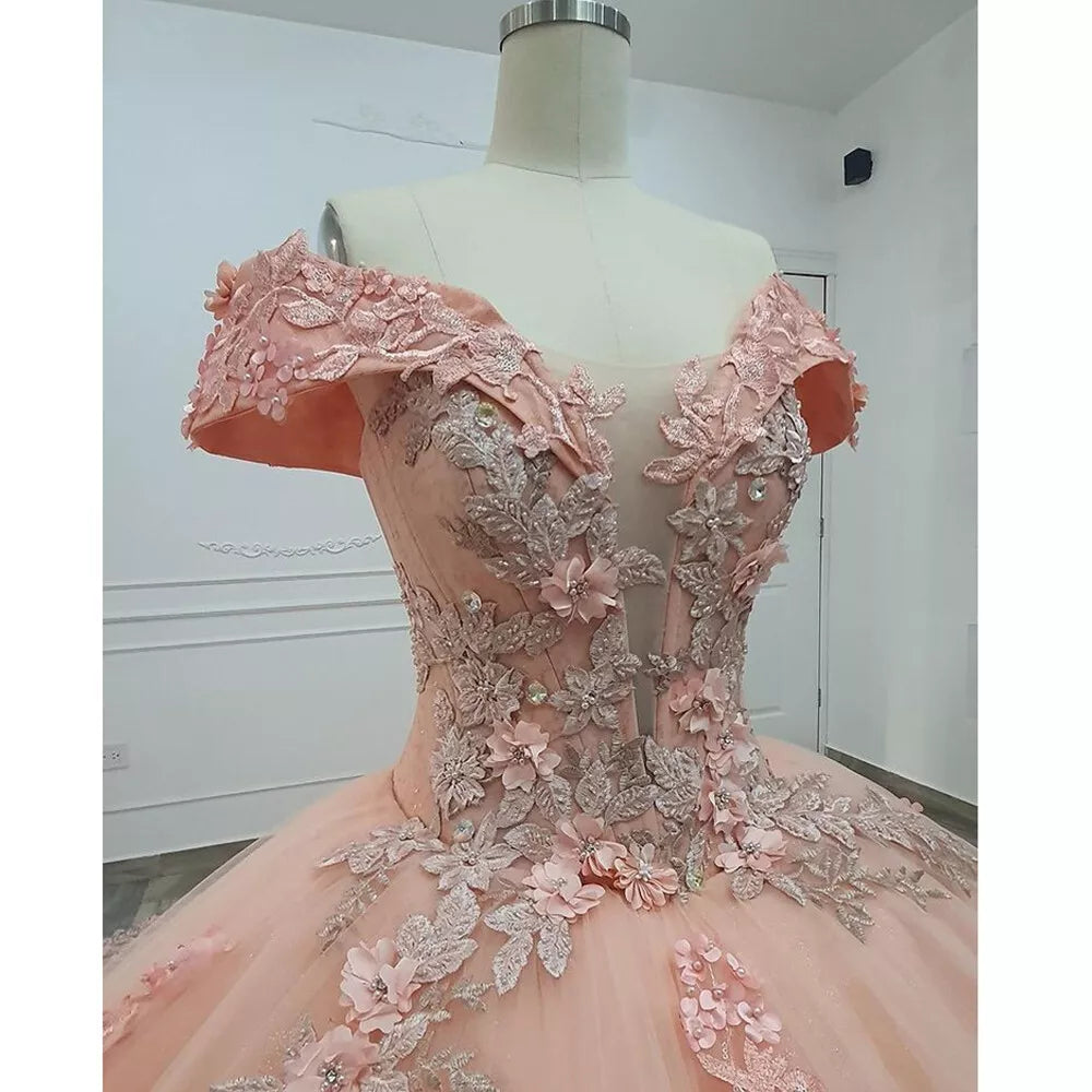 Pink Quinceanera Dress Sweet 16 Beaded Off-Shoulder 3D Floral Ball Gown Quinceanera Dresses - View 2 | FashionDia