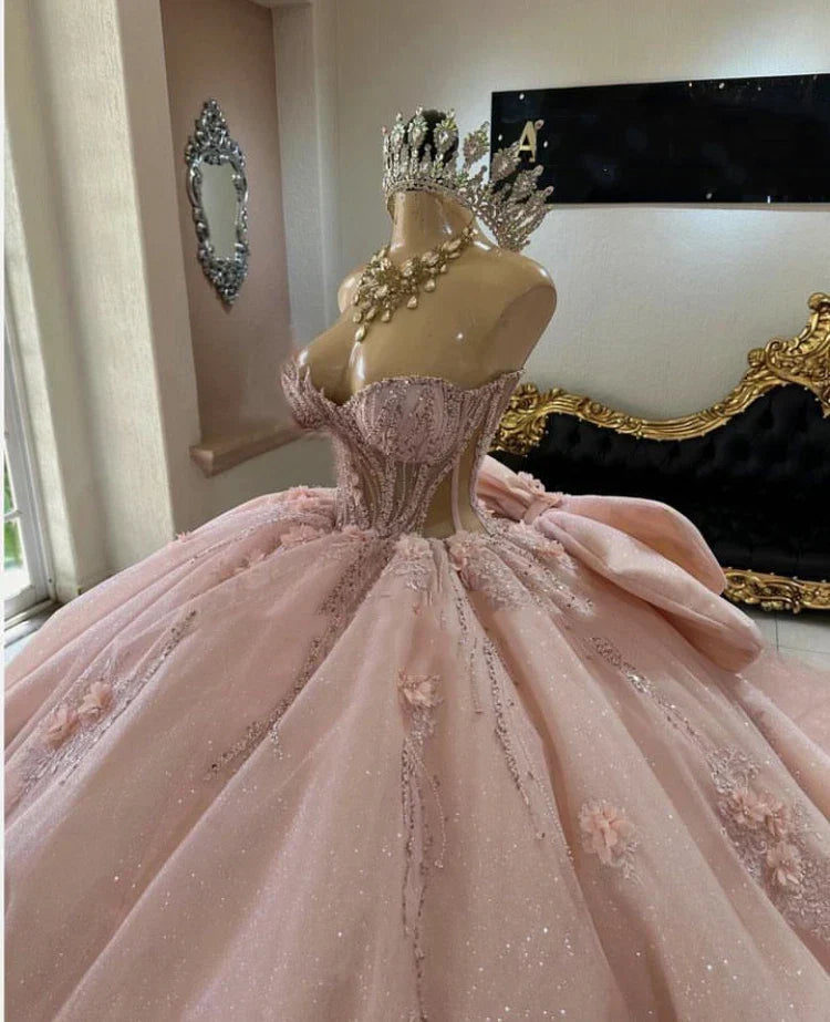 Pink Quinceanera Dress Sweet 15 16 Bow Beaded 3D Floral Glitter Ball Gown Quinceanera Dresses - FashionDia