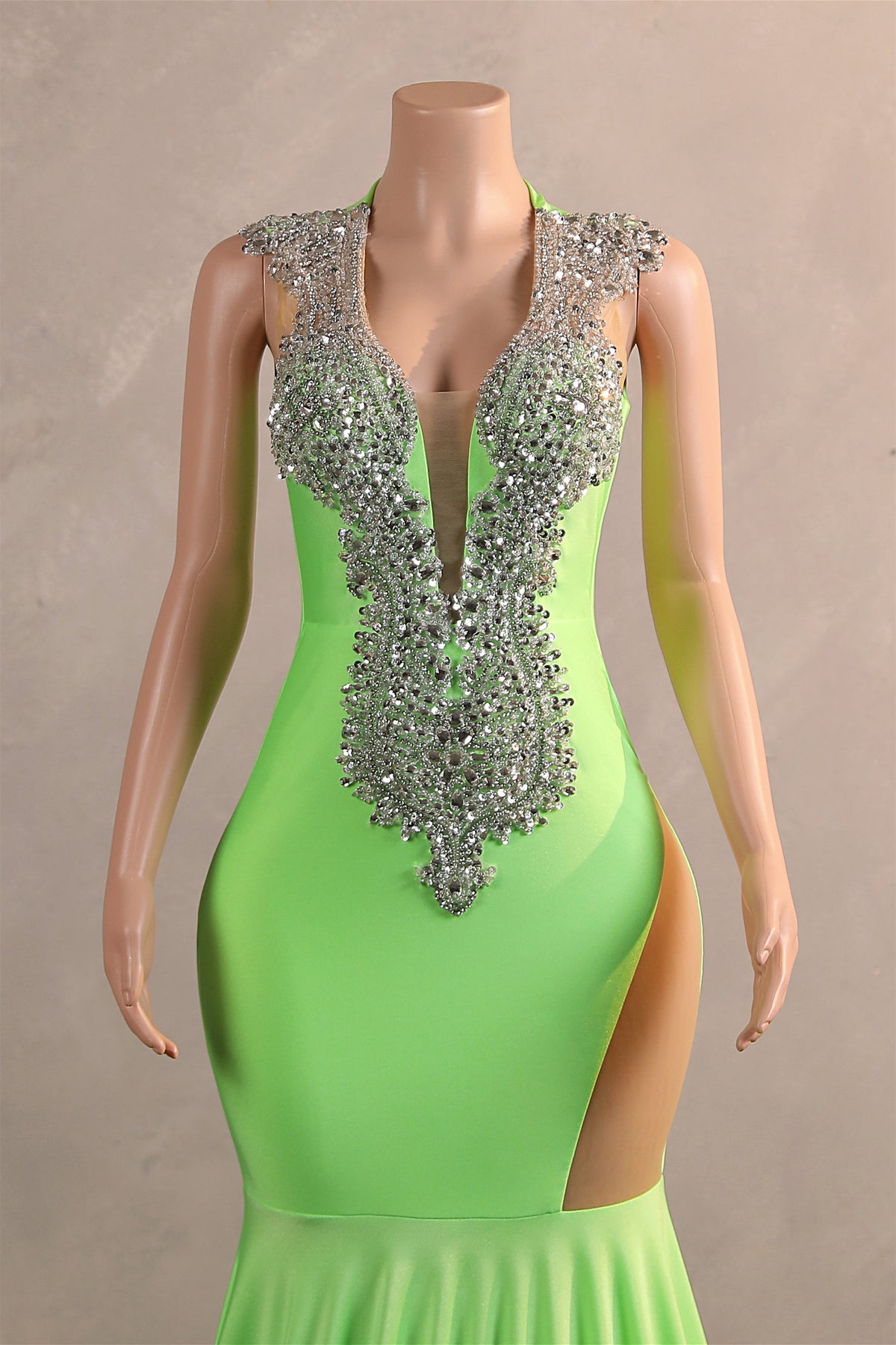 Sage Green Silver Beaded Luxury Mermaid Floor-Length Prom Dresses