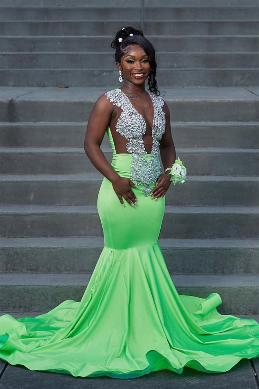 Sage Green Silver Beaded Mermaid Sleeveless Floor-Length Long Prom Dresses