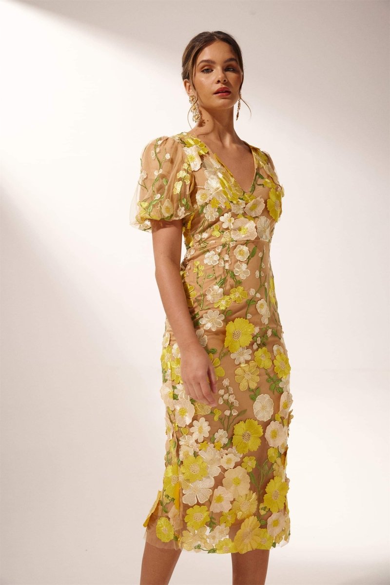Tania Minimalist V Neck Flower Midi Dress Boutique Collection
