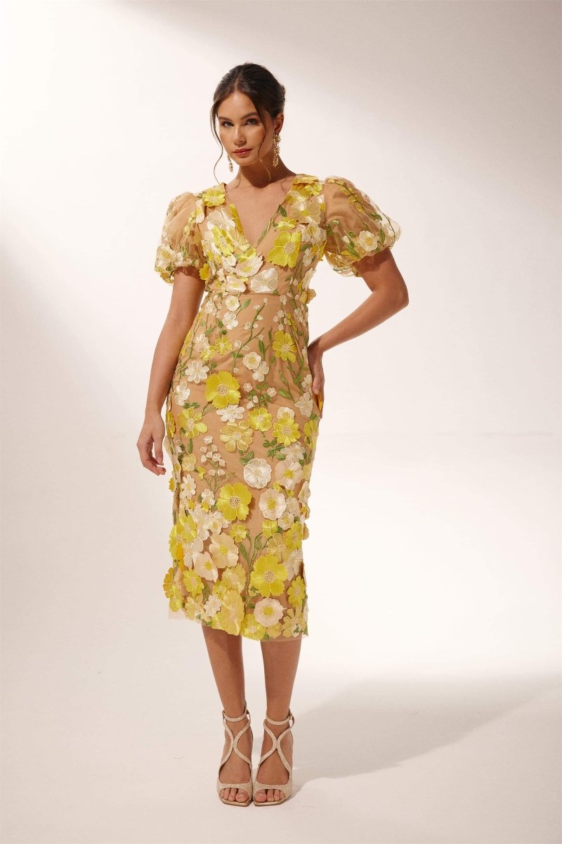 Tania Minimalist V Neck Flower Midi Dress Boutique Collection