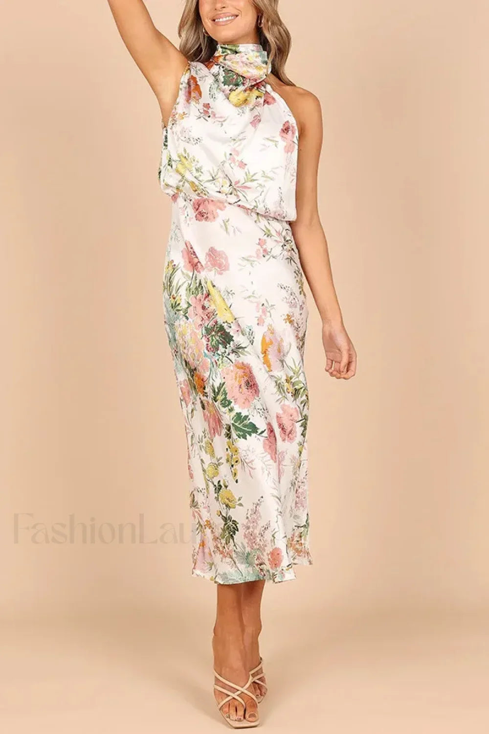 Satin Halter A Line Floral Dress White printed / S
