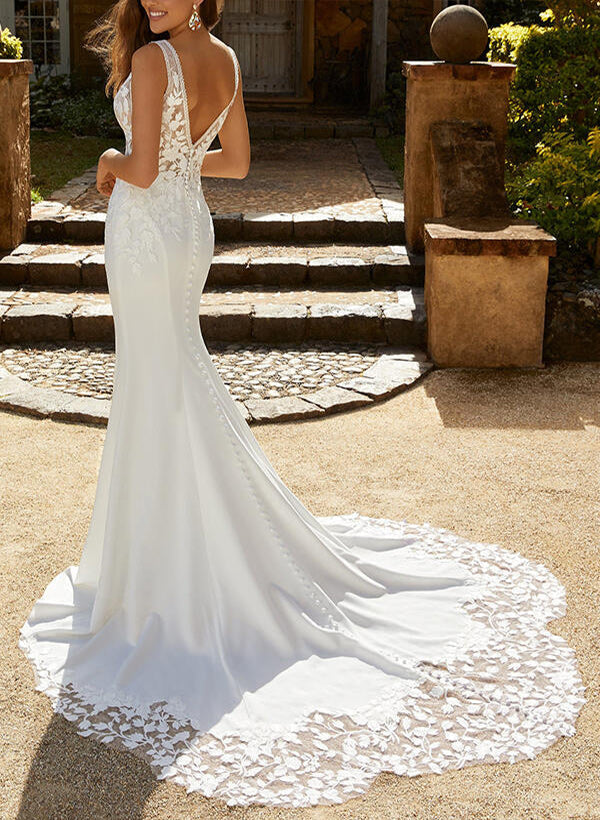 Satin Lace Mermaid Fitted V-Neck Wedding Dresses Appliques Lace Sweep Train