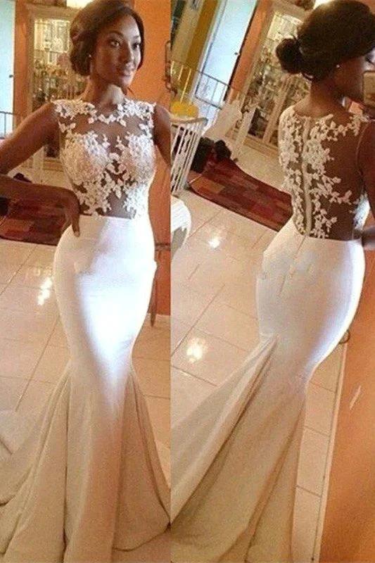 Satin Sweep Train Lace Scoop Sleeveless Sexy Mermaid Wedding Dresses (ZD14699)