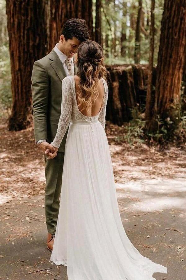 Scoop Long Sleeve Chiffon Wedding Dresses Backless Ivory Bridal Gown (ZD15280)