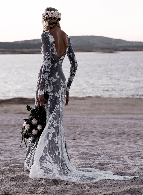Scoop Neck Long Sleeves Court Train Lace Wedding Dresses Mermaid Fitted Style