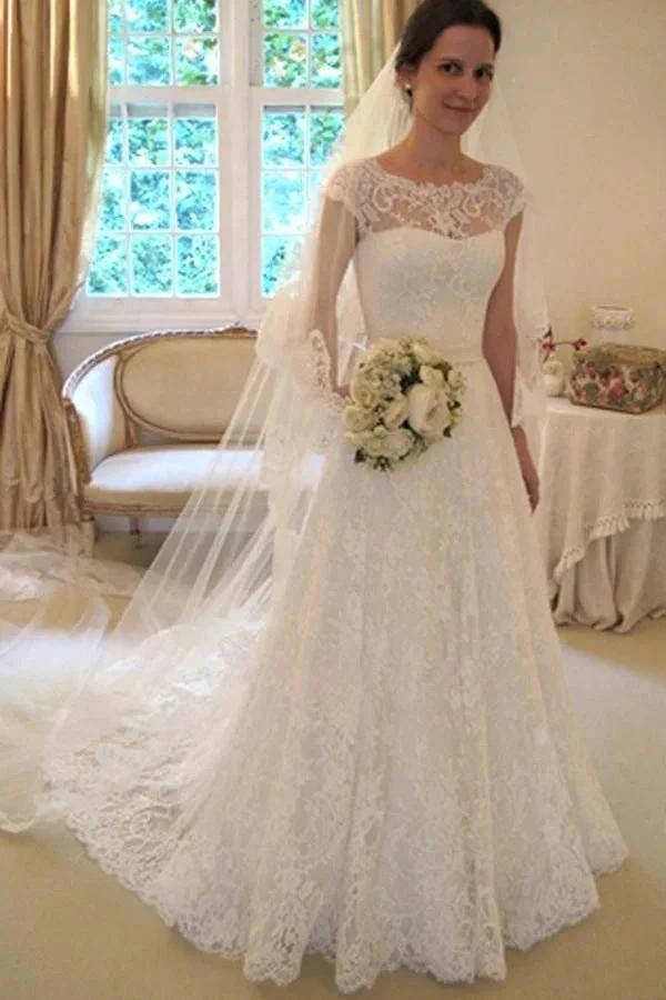 Scoop Neck Short Sleeve A-Line Lace Wedding Dress (ZD15434)