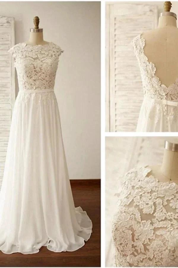 Scoop Neck V-Back Lace A-Line Cap Sleeve Wedding Dress (ZD16050)