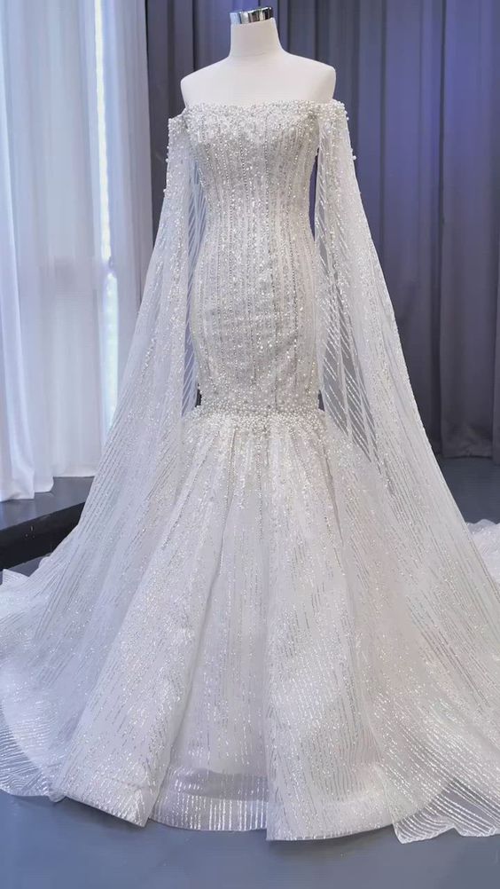Cape Sleeve Heavy Beaded Wedding Dresses Off the Shoulder Mermaid Prom Dress