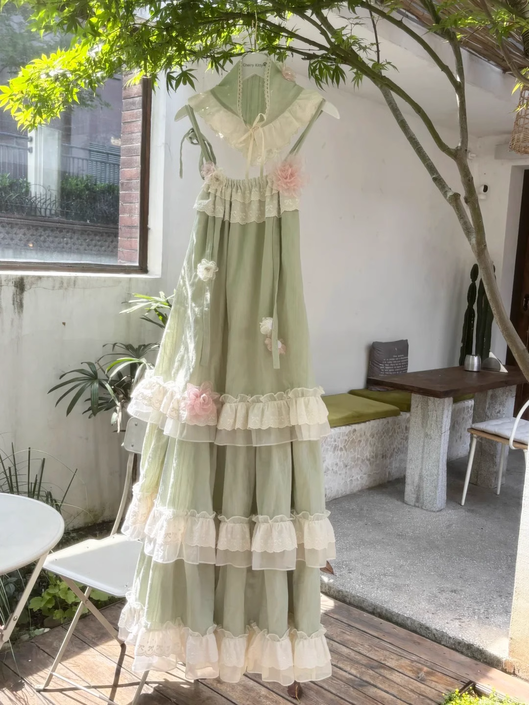 Chic A-Line High Neckline Mint Green Chiffon Ruffles Lace Long Prom Dresses Birthday Outfits - FashionDia