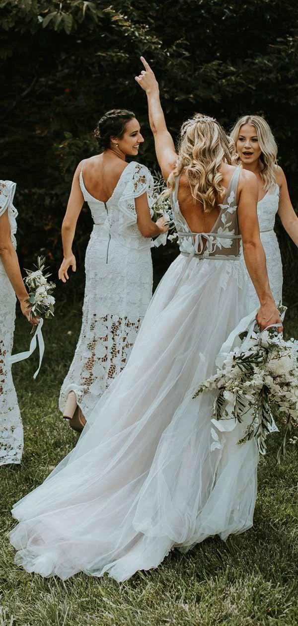 See Through Lace Ivory Tulle V-neck V-back Beach Wedding Dresses (ZD16363)