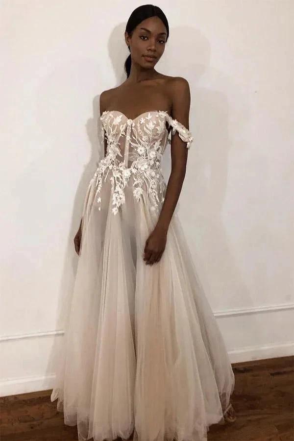 See-Through Off Shoulder Ivory Long Wedding Dress with Appliques (ZD15366)