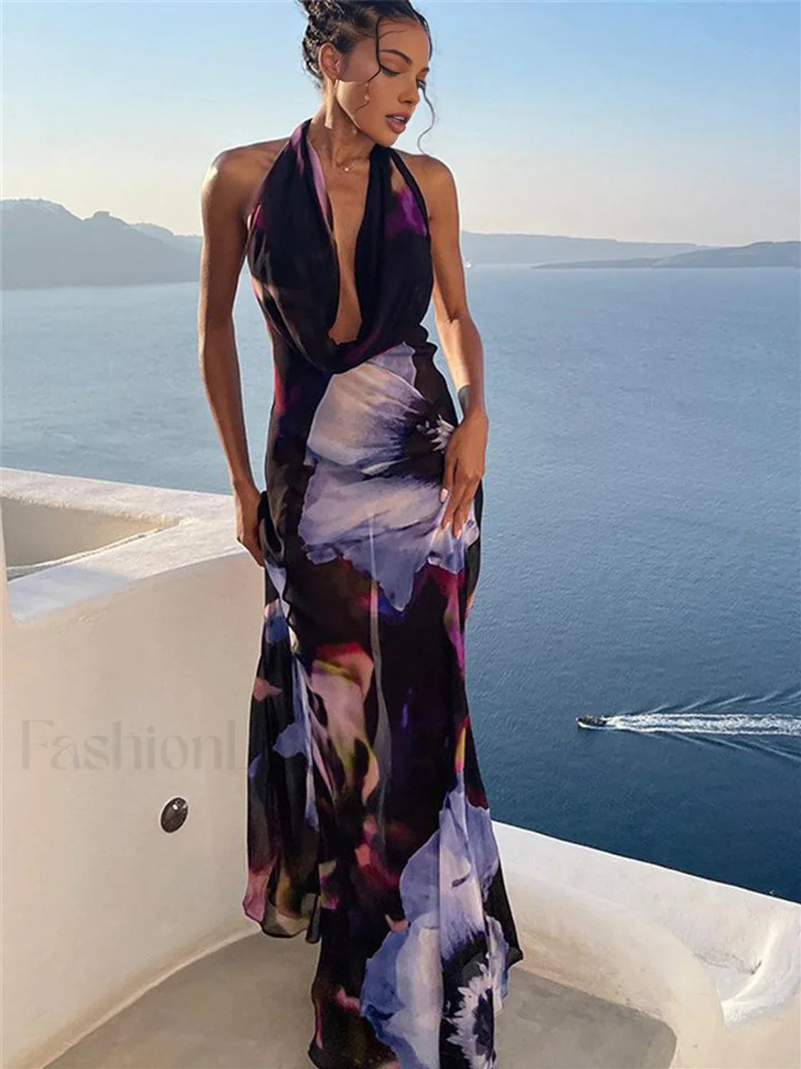 Semi Sheer Print Backless Halter Dress Black / XS Dresses