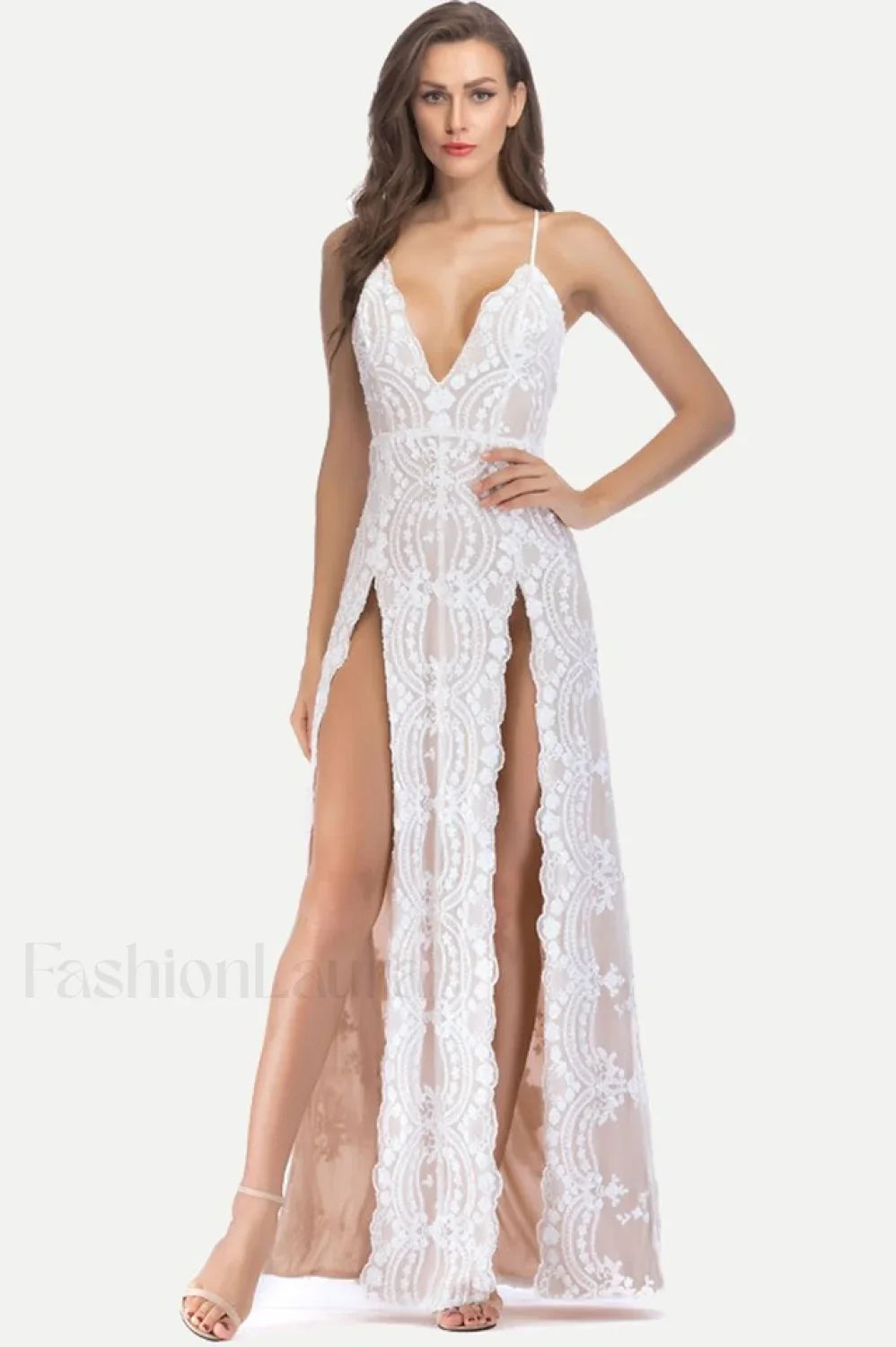 Sequin Slit Glitter Charming Maxi Evening Party Dress S / White