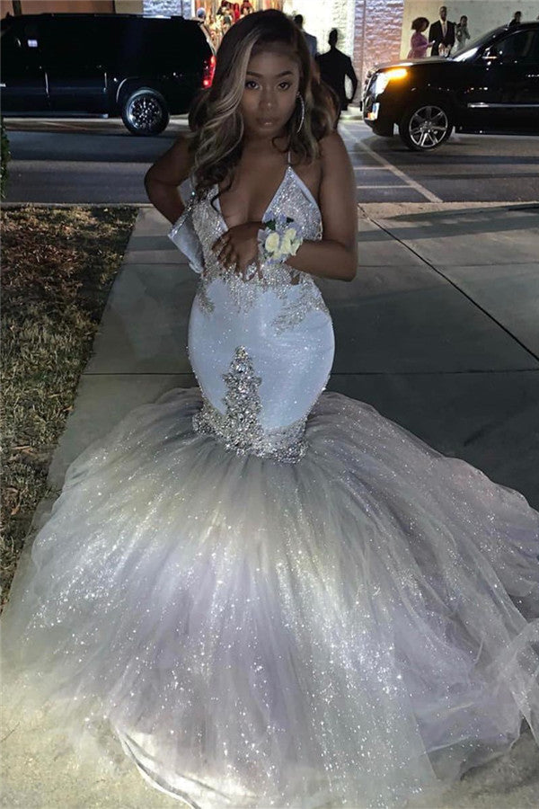 Sexy Deep V-Neck Tulle Mermaid Prom Dress Sequins Long With Spaghetti Straps