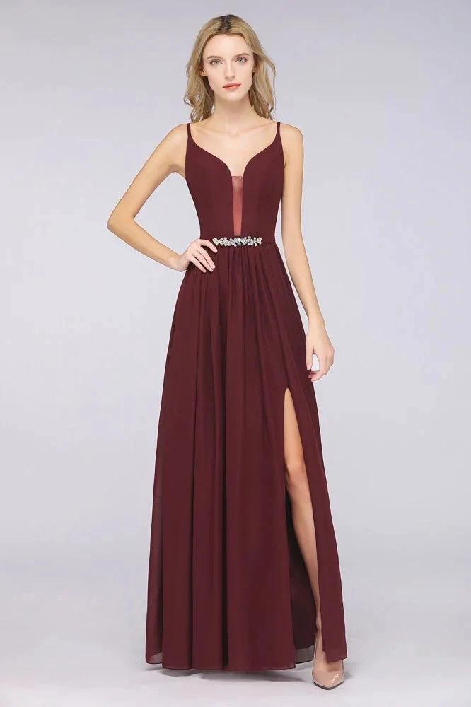 Sexy Double Deep V-Neck Ruffles Sleeveless Bridesmaid Dress Chiffon Side Split Evening Party Dress (ZD13112)
