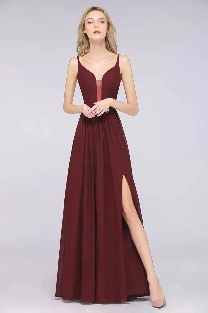 Sexy Double Deep V-Neck Ruffles Sleeveless Bridesmaid Dress Chiffon Side Split Evening Party Dress by misshow.com