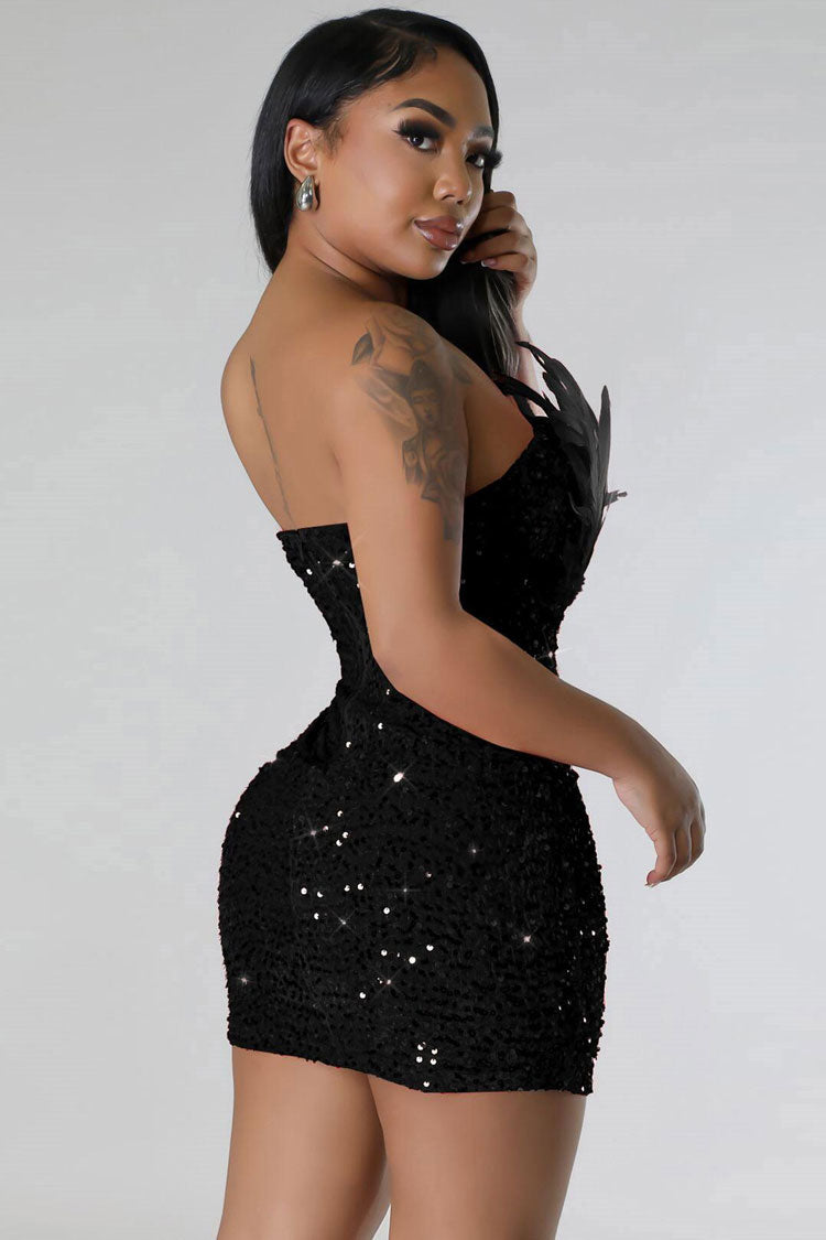 Sexy Feather Trim Strapless Bodycon Velvet Sequin Party Mini Dress - Black - Fashionpara