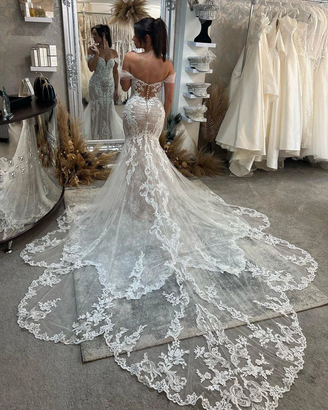 Sexy Floor Length Sweetheart Off-The-Shoulder Sleeveless Mermaid Lace Wedding Dress (ZD16493)
