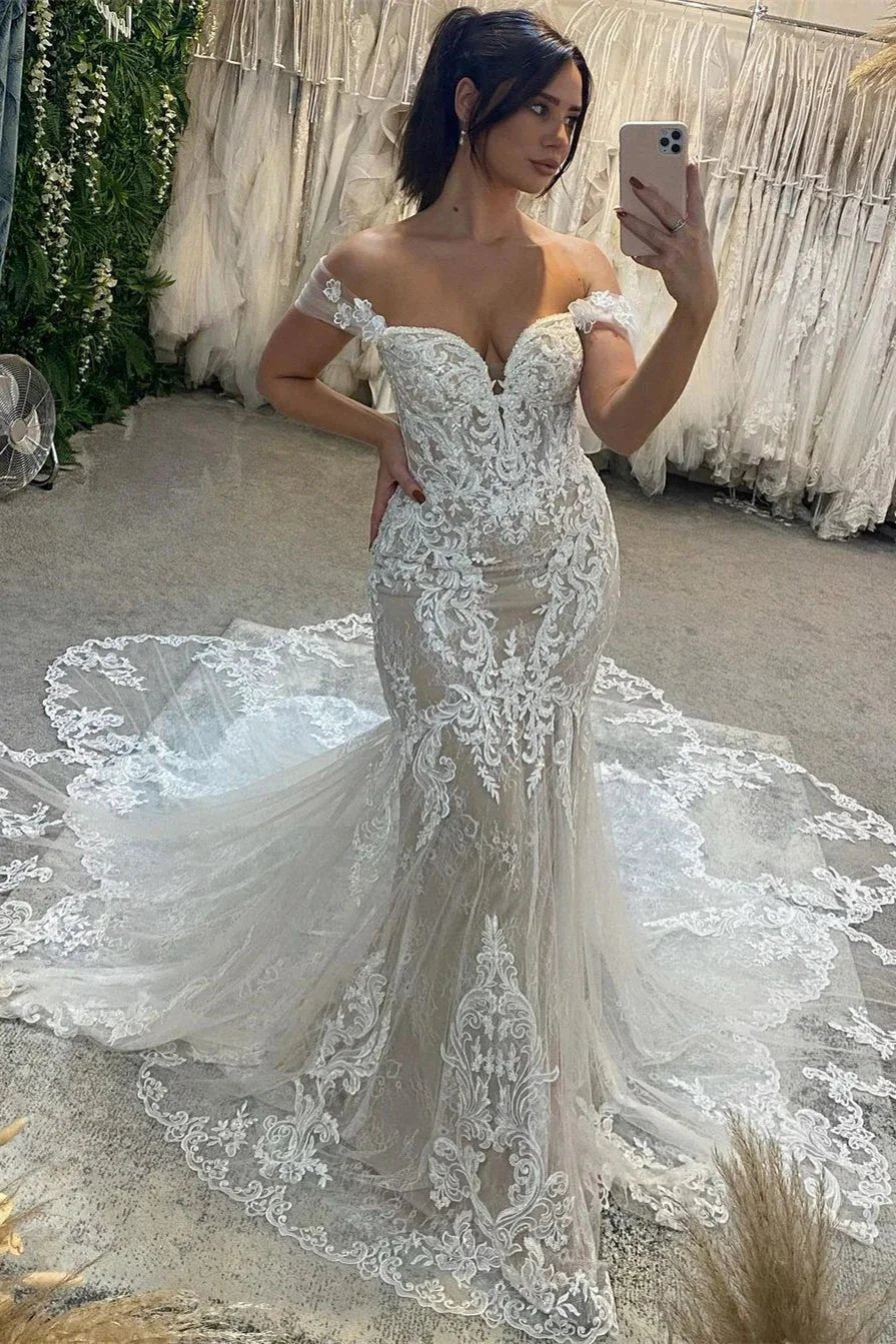 Sexy Floor Length Sweetheart Off-The-Shoulder Sleeveless Mermaid Lace Wedding Dress (ZD16493)